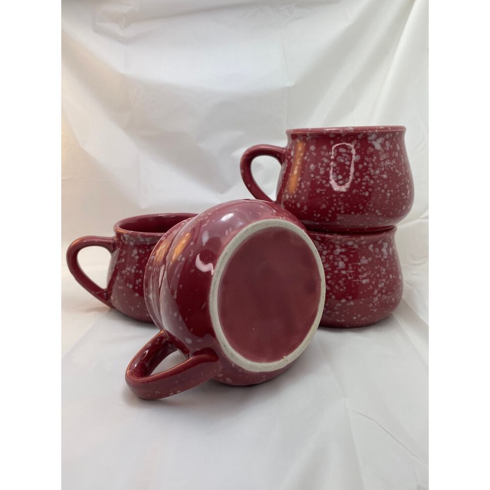 Vintage Berry Red Speckled Pottery Coffee Mugs 4" Width Set of 4 - Picture 2 of 6